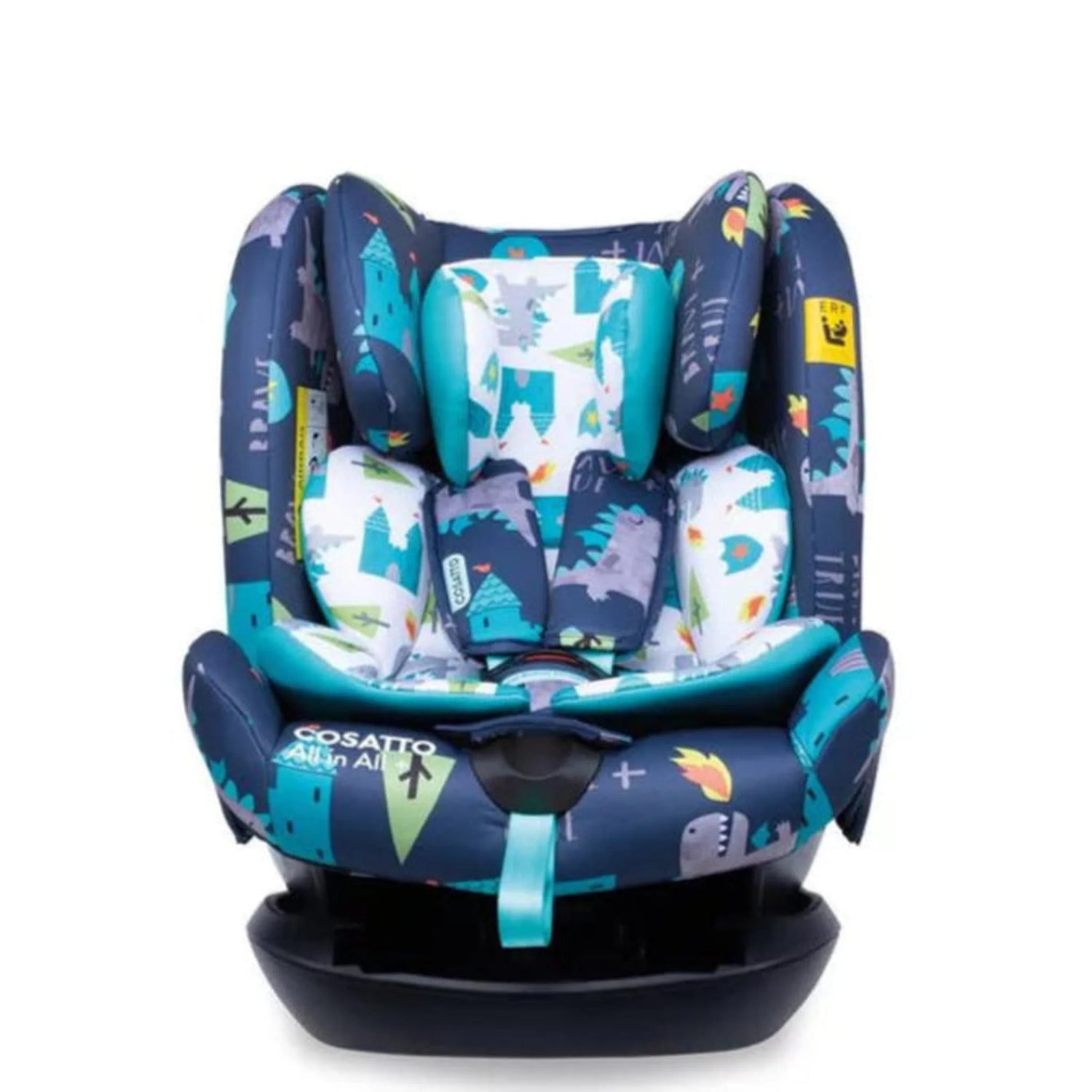 Children's car seat with colorful design on a white background