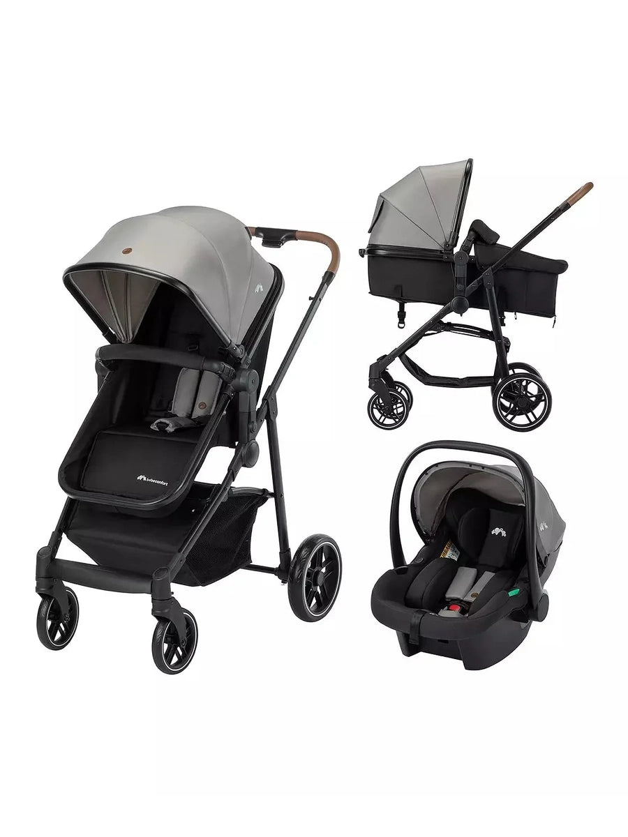 A multi-configuration baby travel system on a plain white background, showing a stroller, a bassinet mode, and an infant car seat in a coordinated black and gray colorway.