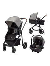 A multi-configuration baby travel system on a plain white background, showing a stroller, a bassinet mode, and an infant car seat in a coordinated black and gray colorway.