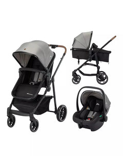 A multi-configuration baby travel system on a plain white background, showing a stroller, a bassinet mode, and an infant car seat in a coordinated black and gray colorway.