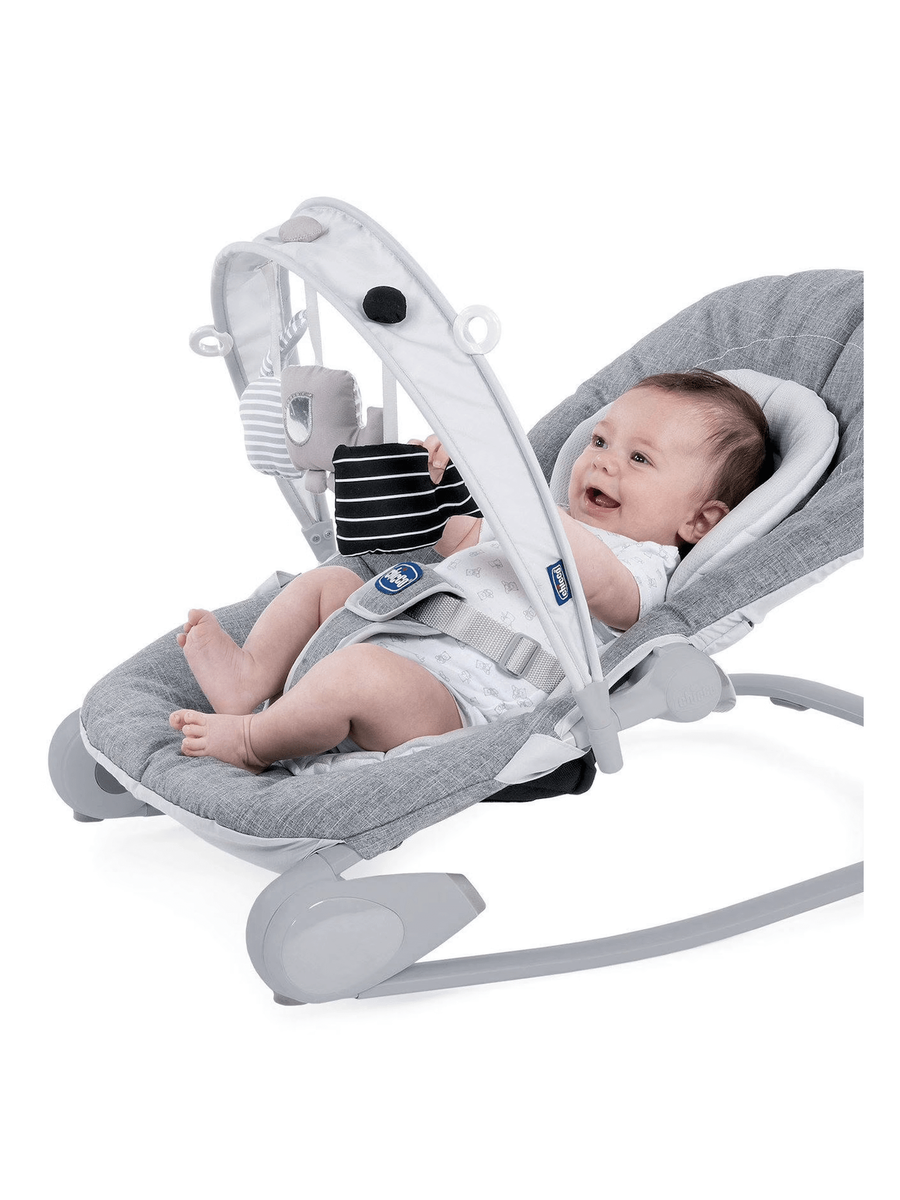 Chicco Hoopla Baby Bouncer – Grey | Adjustable Recline, Toy Bar, Folds Flat | Birth to 18kg Chicco Mama's Joy