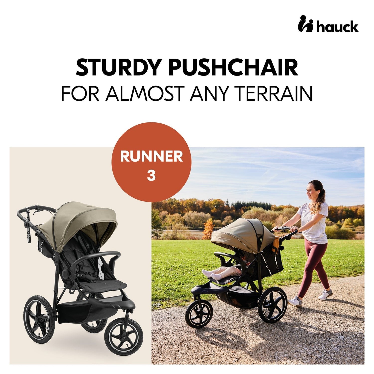 Hauck Runner 3 - All-Terrain Pushchair with Handbrake & Air Wheels - Olive Hauck Mama's Joy