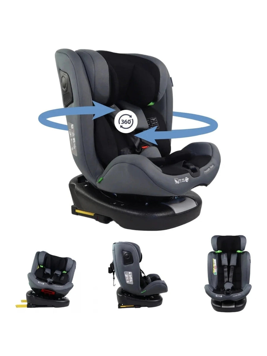 Gray car seat with multiple angles shown on a white background